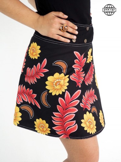 Jupe noire impression digitale pour femme collection été pacap de jupeà fleurs orange et rouge portefeuille