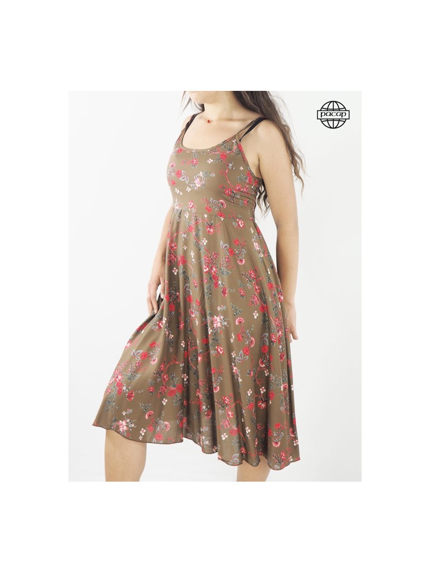 thin straps dress, brown dress, summer dress, women's dress, mid-length dress, chocolate dress, floral dress, thin straps dress