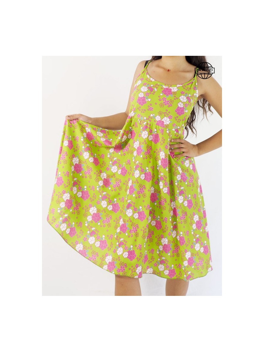 Robe bretelles fines, robe col rond, robe à fleurs, robe vert pomme, robe été femme, robe courte rayonne