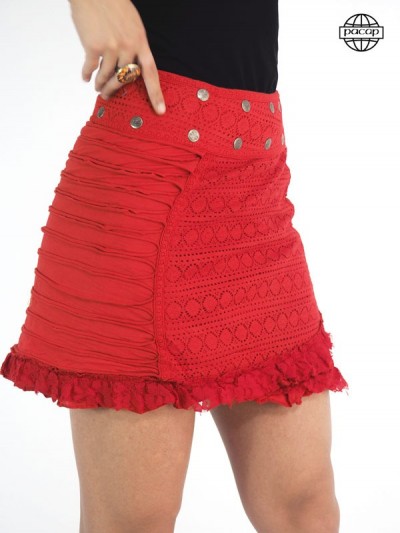 Jupe gipsy, jupe à boutons pressions, jupe en coton, jupe en dentelle, jupe été, jupe femme, jupe rouge, jupe hippie, jupe midi