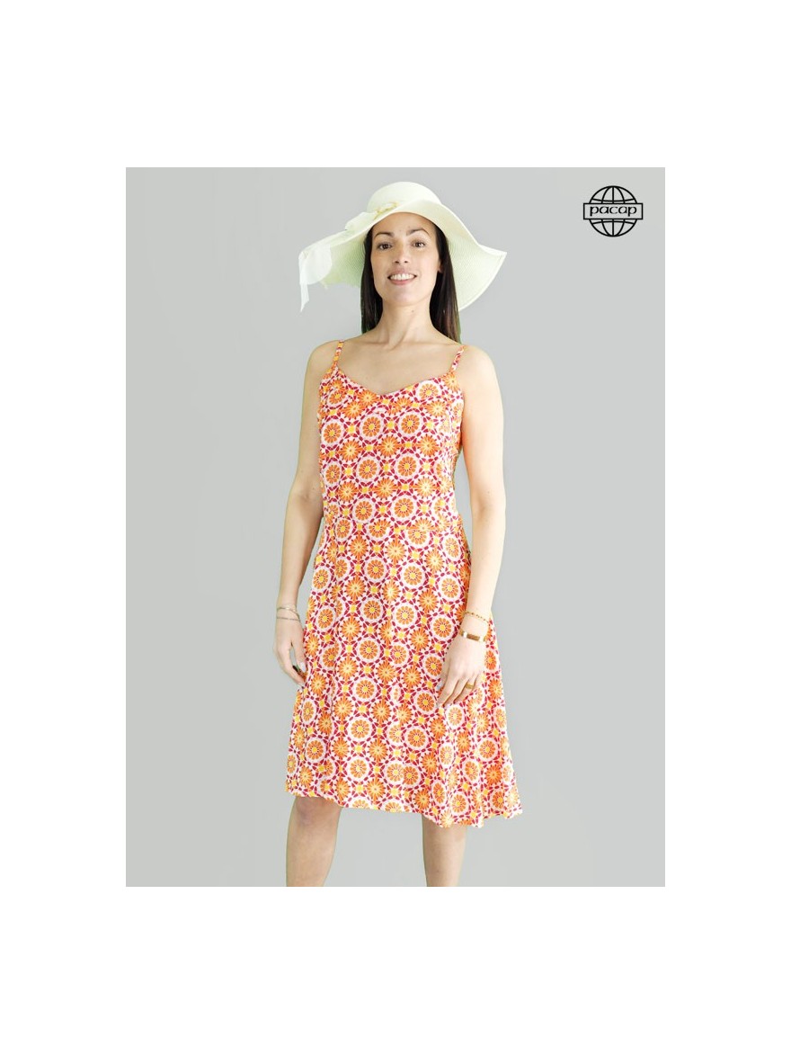 Mid-length dress, thin straps dress, orange dress, geometric print dress, summer dress, women's dress