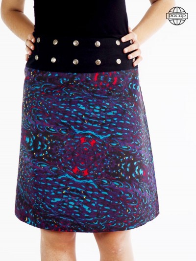 Long skirt was light fancy purple, blue, red and black belt button