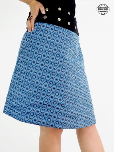 Long skirt female small black and orange flowers on blue background pressure belt buttons