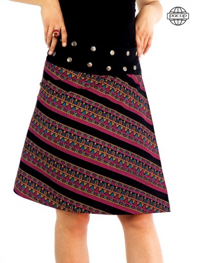 Long skirt geometric pattern lavender, blue and yellow black belt