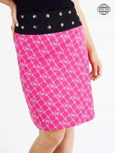 Long female skirt fancy pink and white pattern with wide black belt buttoned