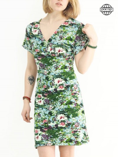 robe courte verte fleuri avec des manches courtes et un cache coeur pour femme collection été 2021