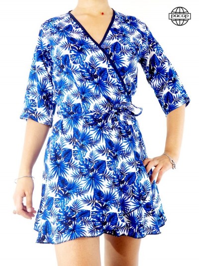 White and Blue Tropical Print Wallet Dress
