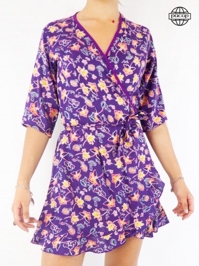 Purple Short Wallet Dress with Floral Print