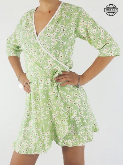 Women's Green Wallet Floral Print Short Dress -
