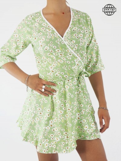 Green Wallet Short Dress With Floral Print