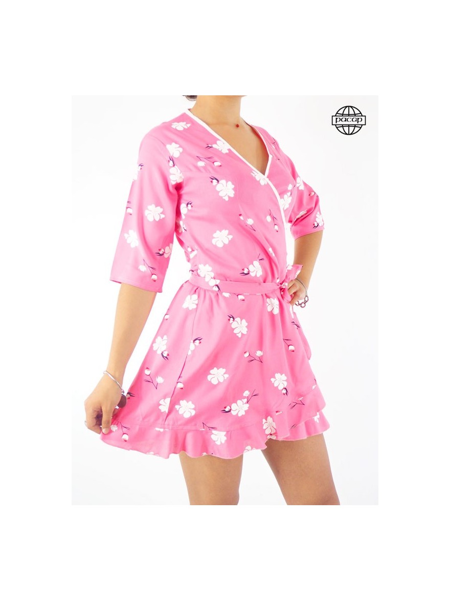 Pink Short Wallet Dress With Japanese Flower Print