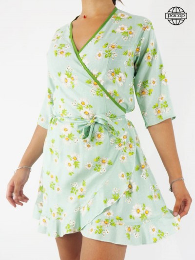 Women's Green Short Wallet Dress With Floral Print - VERRA
