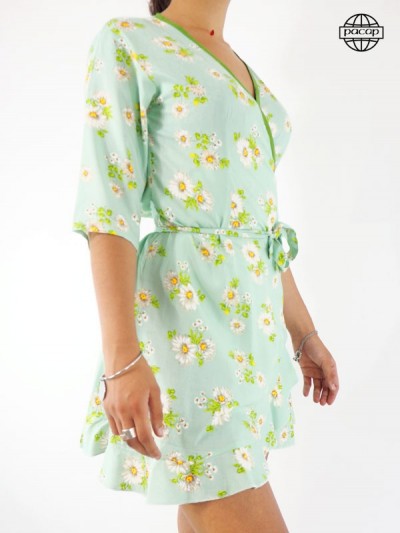 Women's Green Short Wallet Dress With Floral Print - VERRA
