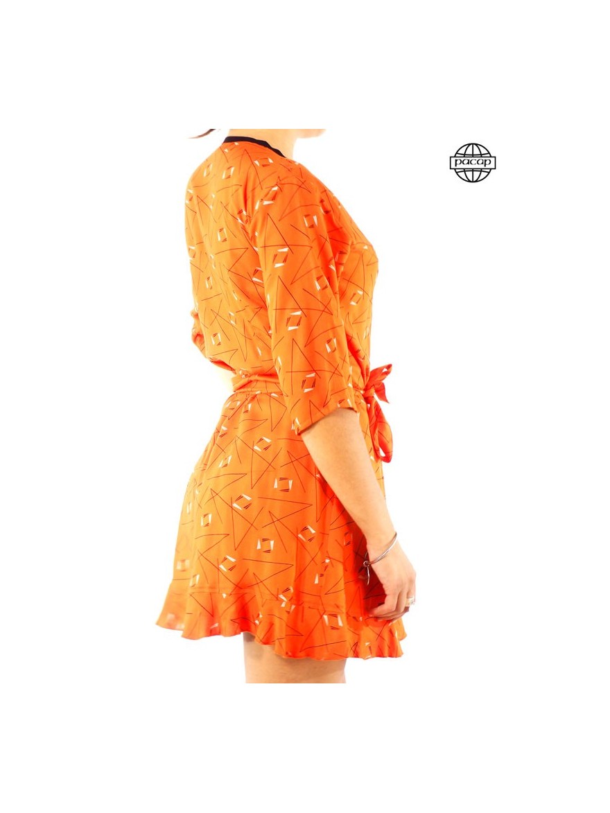 Robe Orange Portefeuille à Imprimé Géométrique Courte Cache-Coeur Été avec manches mi-longues