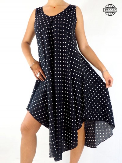 Black summer dress, flowing dress, white polka dot dress, off-shoulder dress, adjustable dress, wide strap dress