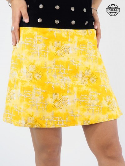 Yellow Ethnic Mid-Length Skirt Large Black Buttoned Belt Summer