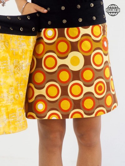 Ethnic skirt Mi-Longue Yellow Large belt Buttons Woman Eté in Cotton