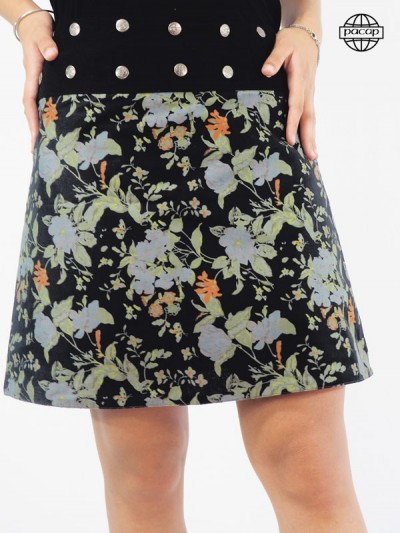 Reversible Mid-Length Trapeze Skirt with Blue Floral Print Large Black Buttoned Belt
