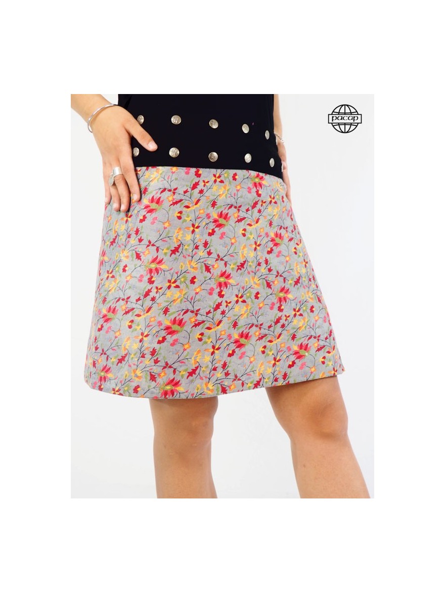 Reversible Knee-Length Skirt With Cashmere Print Adjustable Waistband Black Buttoned Belt