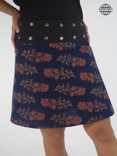 Skirt Genou Asymmetric Impressed Floral Blue Reversible Large Belt Black Buttons Female Eté