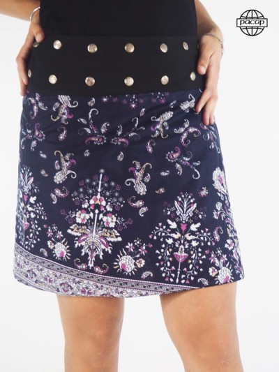 Skirt Genou Asymmetric Impressed Floral Blue Reversible Large Belt Black Buttons Female Eté