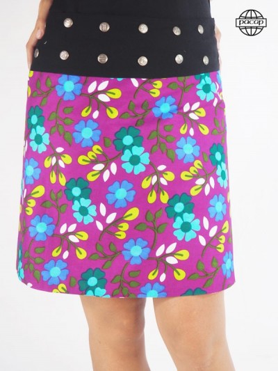 Skirt Summer Mi-Longue Printed Geometric Violet Large Black Belt Black Buttons