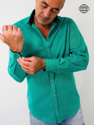 Blue and Green Stripe Summer Shirt Italian Collar- BAER
