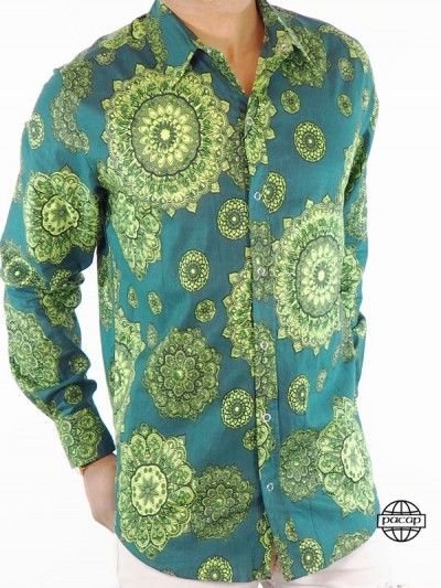 Chemise Originale Motif Mandala Vert Manches Longues