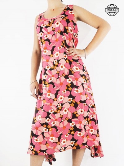 Long Pink and Black Women's Summer Dress in viscose, French responsible brand