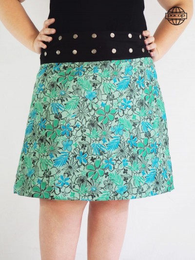 Jupe évasée couleur bleu et vert pour femme ronde ceinture boutonnée