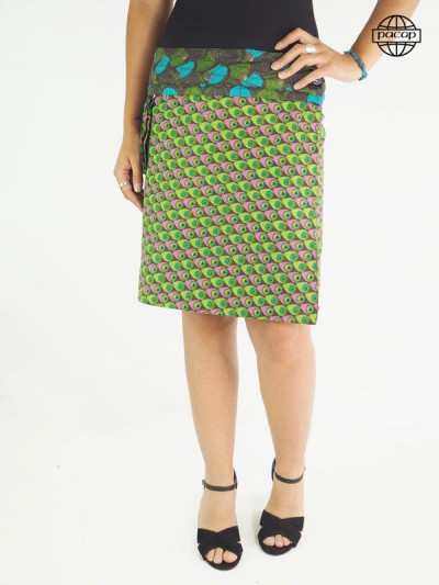 Original Green Peacock Pattern Mid-Length Skirt with Zipper Belt