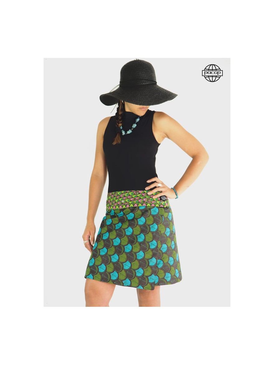Original Green Peacock Pattern Mid-Length Skirt One Piece Zip Belt