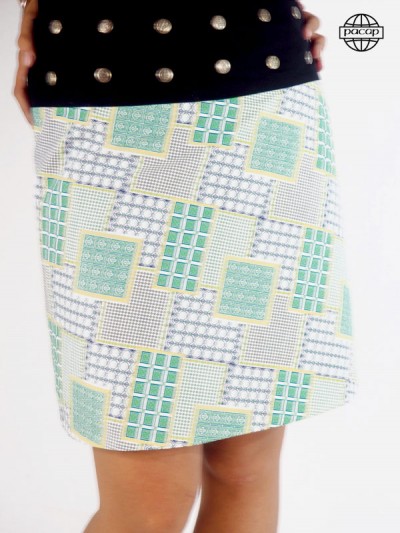 white buttoned skirt with patchwork print