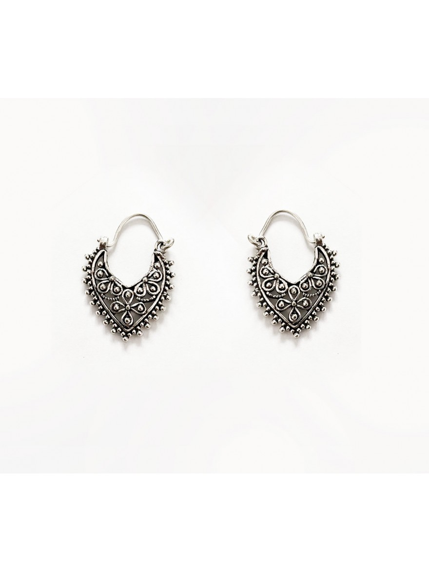 Silver Chased Indian Hearts and Flowers Earrings.