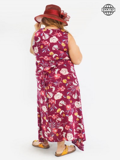 Robe Longue Bordeaux Fleurie Sans Manches Size plus for strong women, skirt pleated in viscose