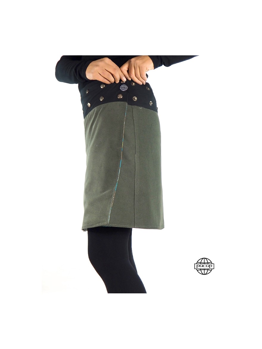 jupe coton Unicolore en twill vert Coton bouton pression reversible Taille Ajustable Femme Jupe Genoux jupe fendue