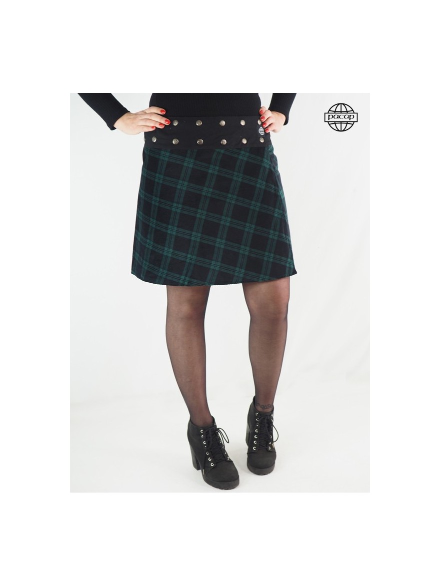 Reversible Skirt Wide Waistband Black Checkered Green Stripes