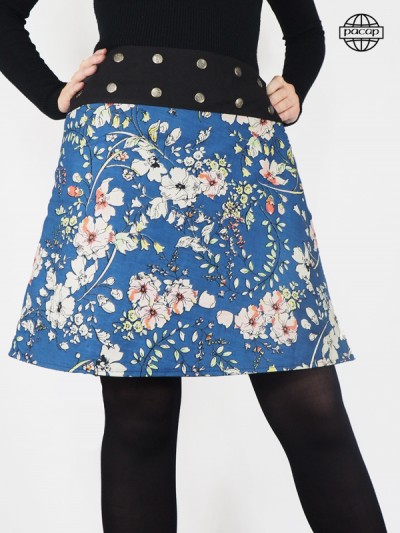 Skirt trapeze asymmetrical blue background with white floral pattern with its flat belly belt and paper 100 % simple cotton