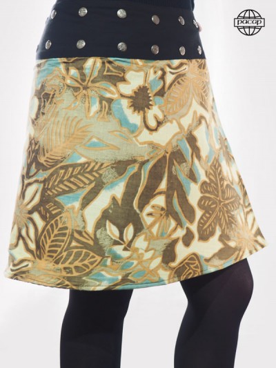Autumn skirt with reversible gold leaf and blue cotton for mid-season