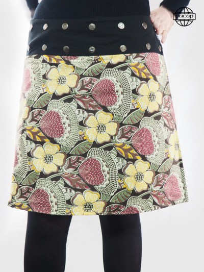 Brown skirt printed floral for female round right-waist belt flat