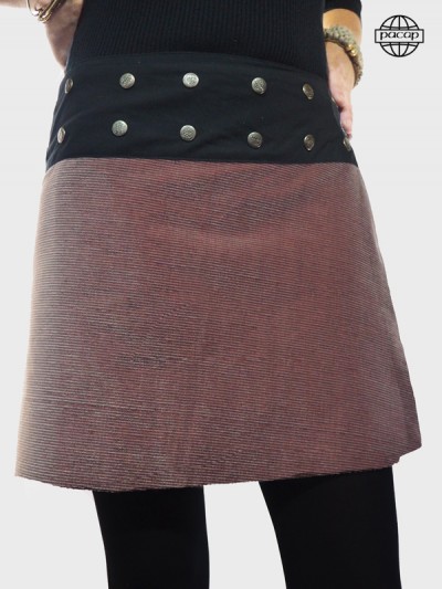 burgundy-red mini-skirt with milleraie velvet stripes and white micro-dots