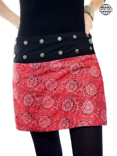 jupe courte imprimé fleuri, jupe rouge pour femme, jupe coton, jupe portefeuille, jupe droite boutonnée, jupe fendue