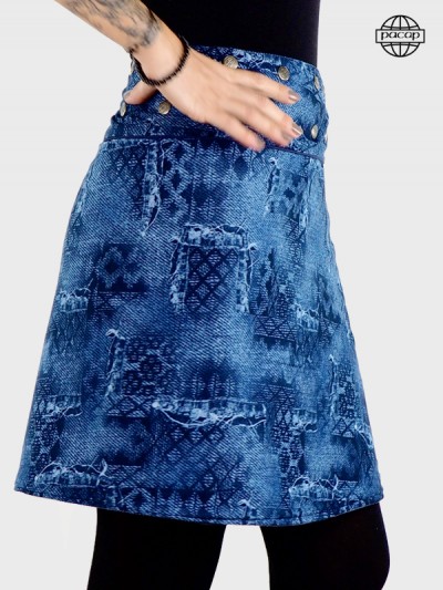 jupe portefeuille bleue pour femme coton imprimé abstrait originale réversible ceinture à bouton coupe envelopante wrap