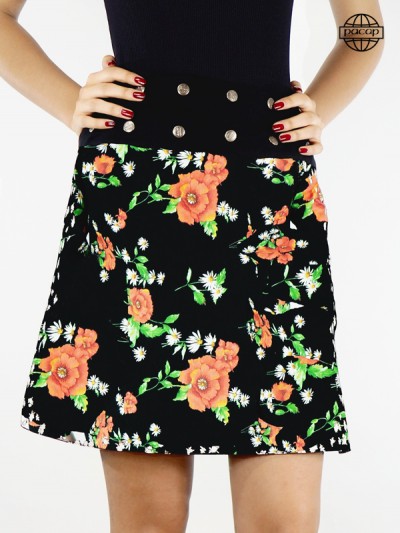 black skirt with red rose print