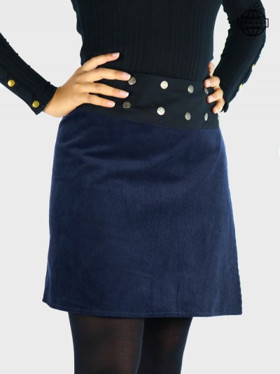 jupe femme velours côtelé bleu fonce ceinture noire boutonnée tissu epais reversible fendu