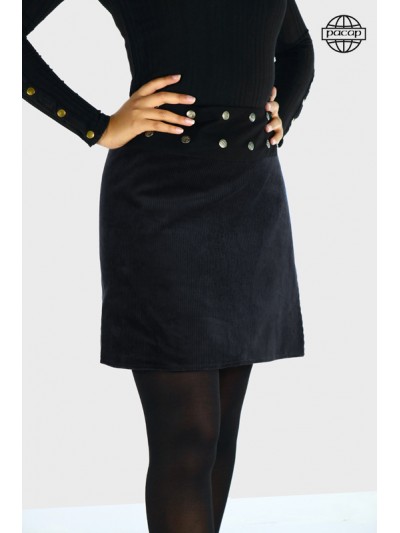 jupe noire velours côtelé pour femme taille unique ajustable coupe portefeuille reversible fendu unicolore bouton pression