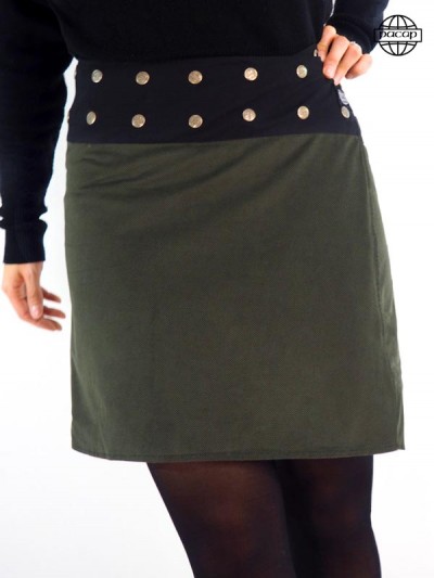 jupe verte pour femme en coton epais réversible coupe portefeuille bouton pression ceinture noire boutonnée