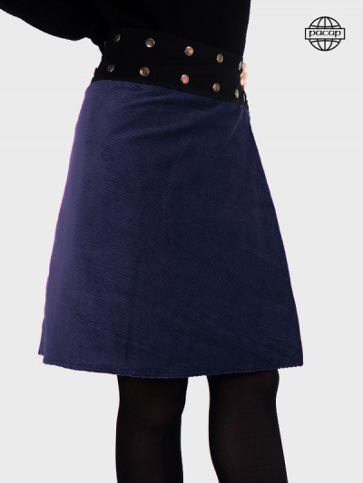 Jupe bleu marine en velours côtelé pour femme coupe portefeuille évasée multi taille ceinture bouton pression unicolore