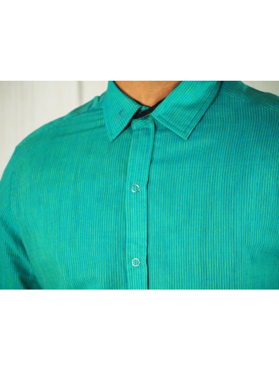 Blue shirt top with light green stripes and solid closed collar plus clip-on buttons
