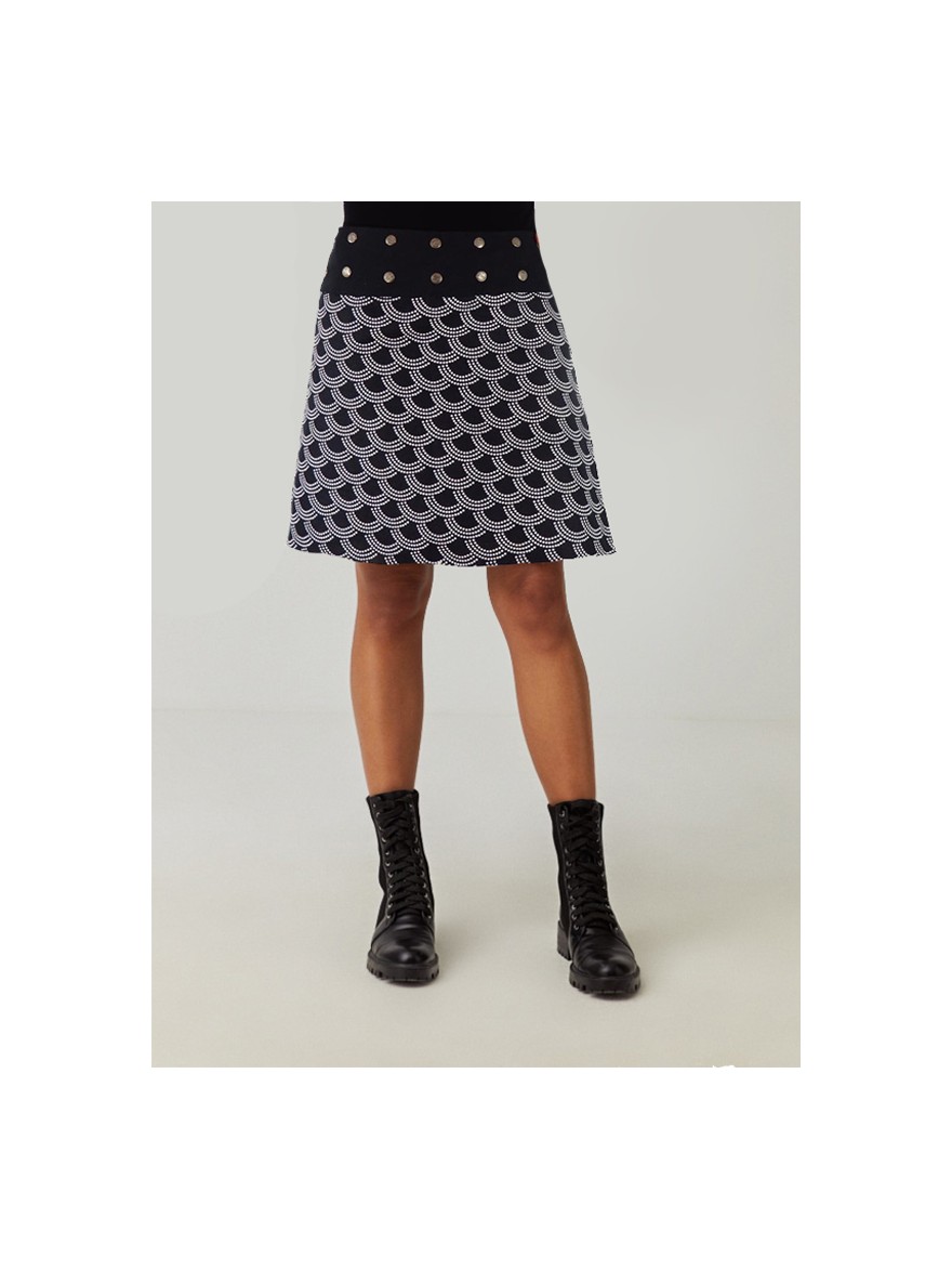 women's outfit black wrap skirt printed white polka dots knee length black belt with button